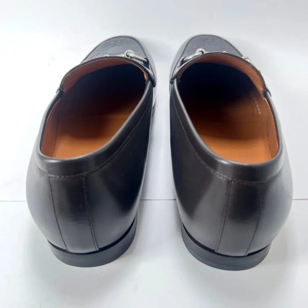 Gucci GG Debossed Leather Men Loafers Horsebit Cocoa Brown Dress Shoes Size IT9